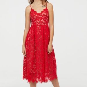 Red Lace Dress H&M nude lining Size 10